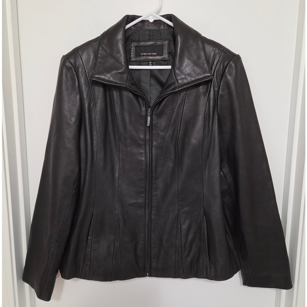 Jones New York Womens Black Leather Full Zip Pleated Hem Jacket Size L